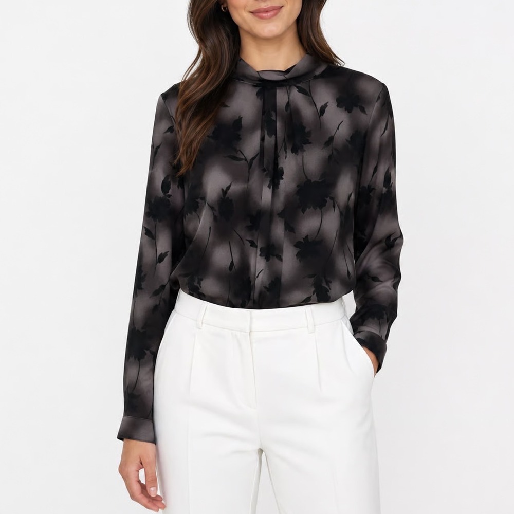 Esika Gray Black Floral Mock Neck Blouse Long Sleeve Button Back Top